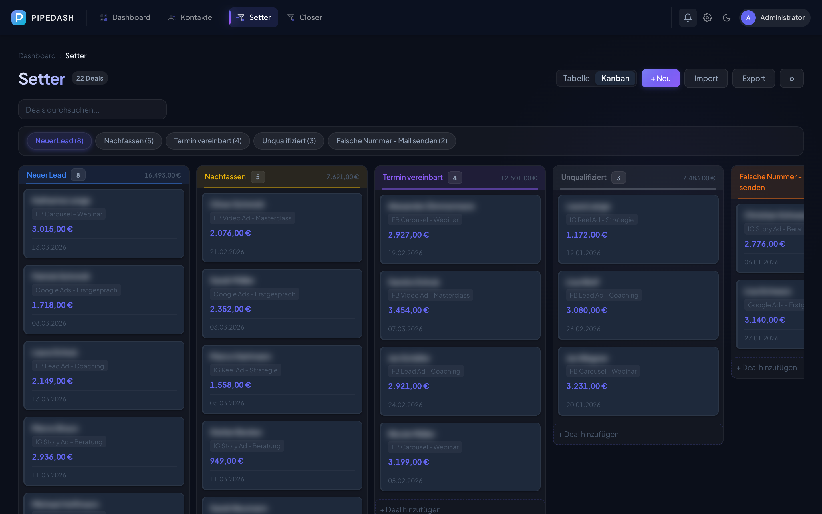 Pipedash Lead-Management Dashboard mit Kanban-Board — 5 Pipeline-Phasen, Deal-Werte und Echtzeit-Status in Dark Mode